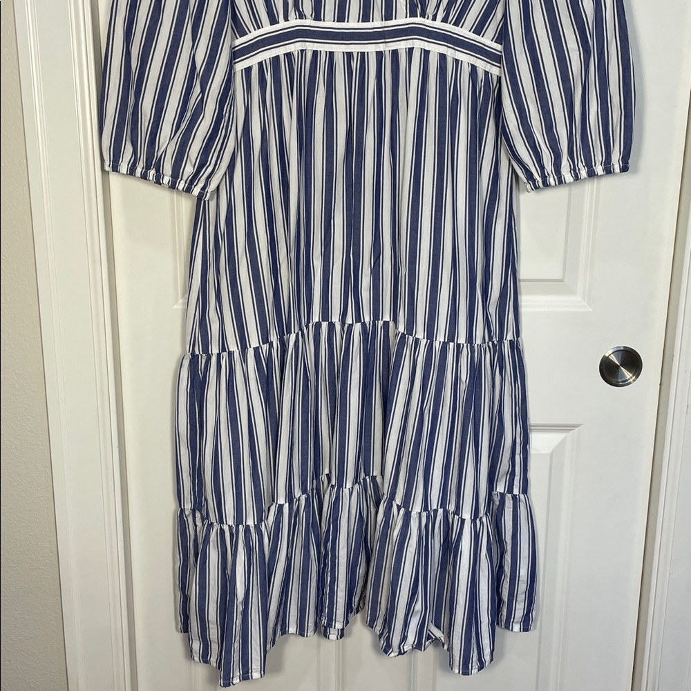 Madewell Midi Maxi Dress Size 14 Ava Blue White Striped Ruffle Tiered V Neck - Picture 7 of 16